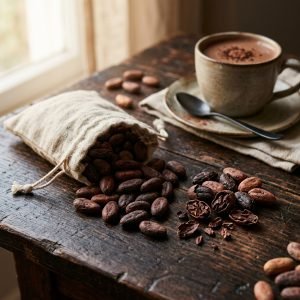 Artisanal organic cocoa beans and hot chocolate on a rustic wooden table