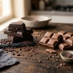 A side-by-side comparison of artisanal dark chocolate and creamy milk chocolate blocks with cacao nibs by El Mitacoa